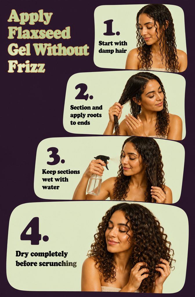 Hands applying flaxseed gel to damp curls section by section