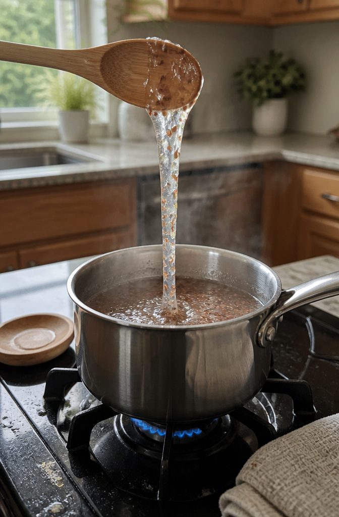 Glossy flaxseed gel stretching from a spoon over a pot with seeds