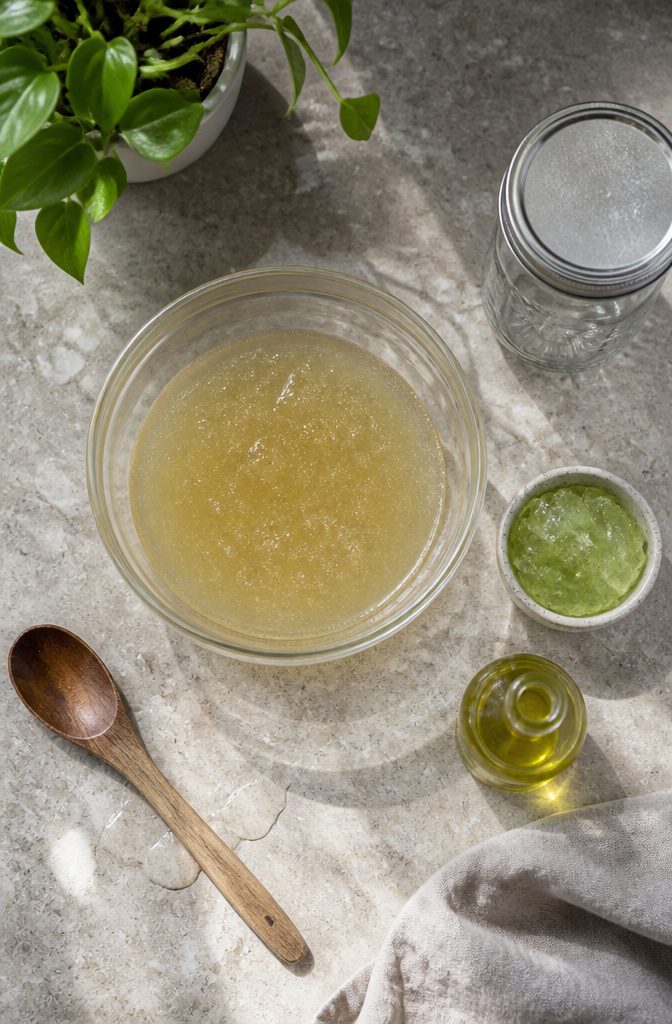 Cooled flaxseed gel in a bowl beside aloe vera and oil