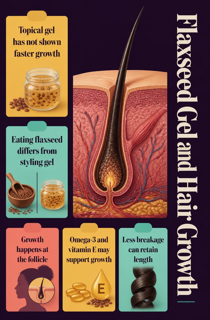 Flaxseed gel beside a hair strand and scalp follicle illustration