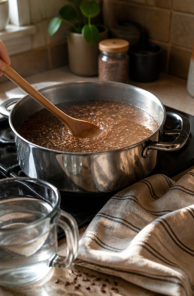 Flaxseeds cooking in water in a pot on the stovetop