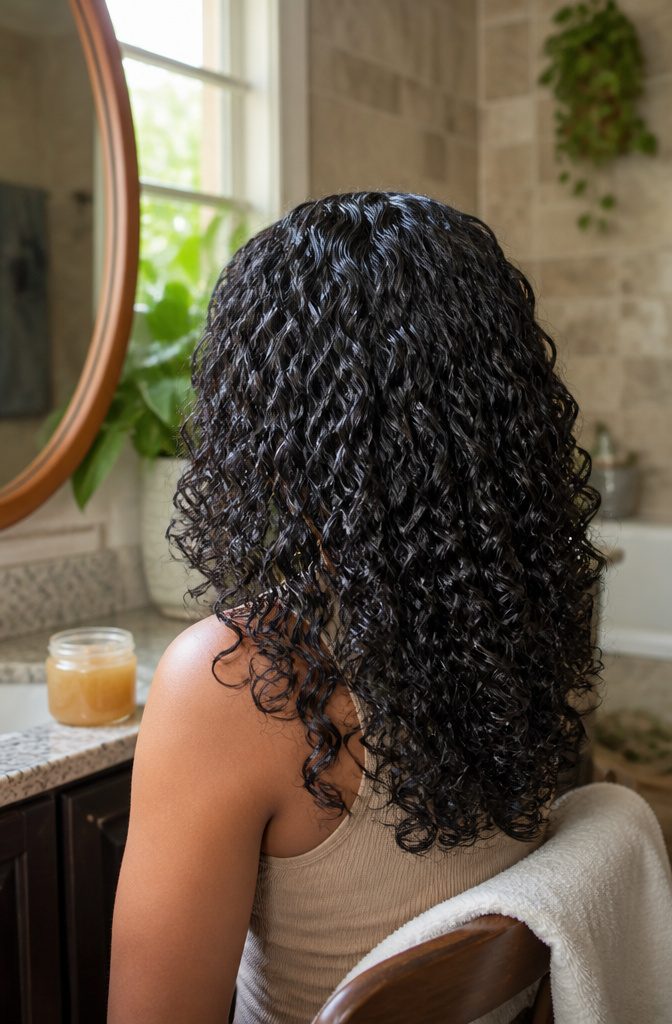 Defined curls with a soft cast after flaxseed gel styling