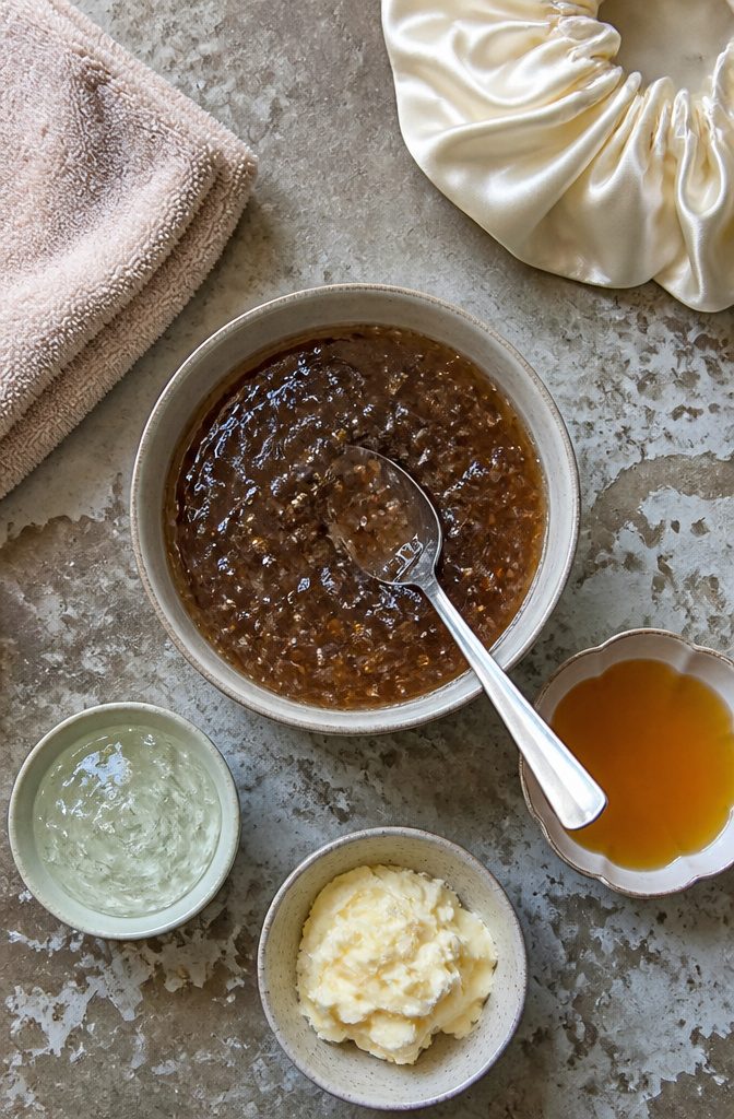 Flaxseed gel with aloe vera shea butter and honey in small bowls