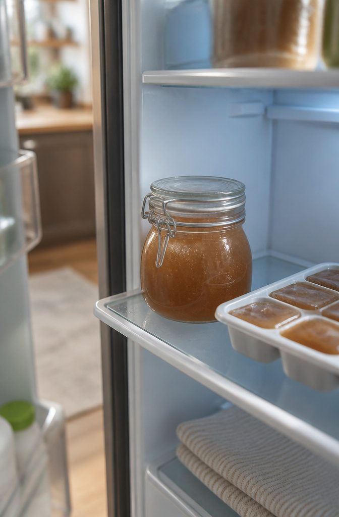 Flaxseed gel stored in a lidded jar and ice-cube trays