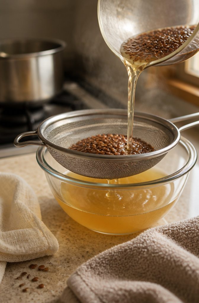 Flaxseed gel being strained through a fine mesh sieve