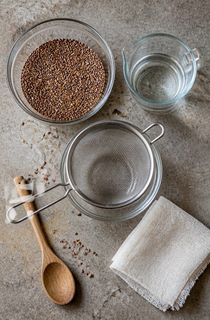Whole flaxseeds beside water and a fine mesh strainer