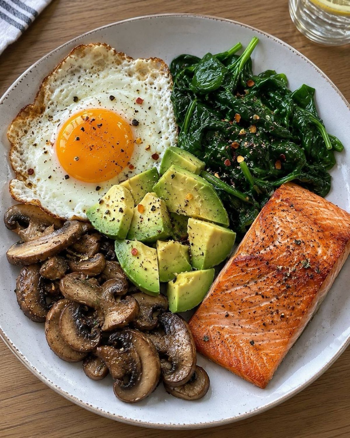 Seared salmon fillet with fried egg, sautéed spinach, avocado, and mushrooms on a plate.