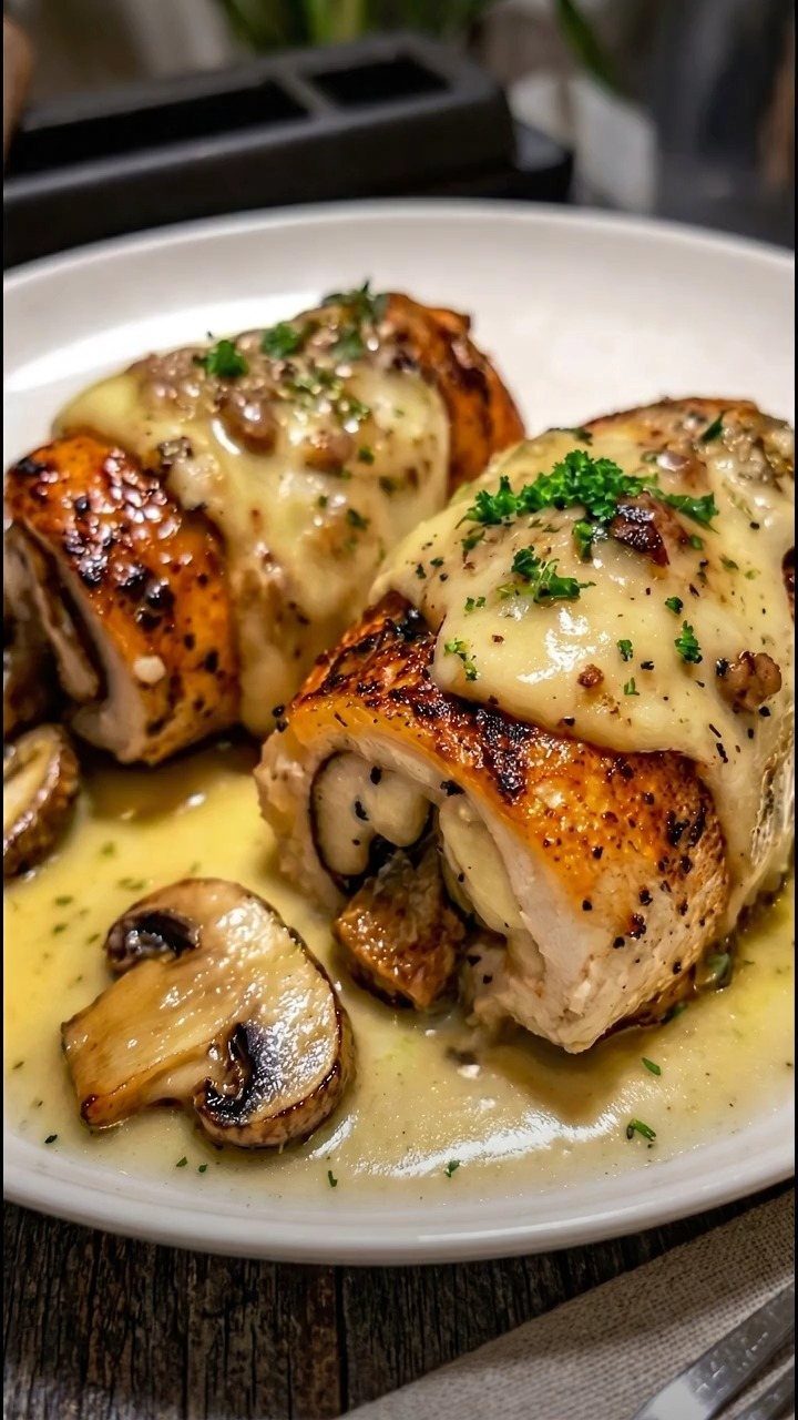 Stuffed chicken breasts with melted cheese and mushrooms in a creamy sauce