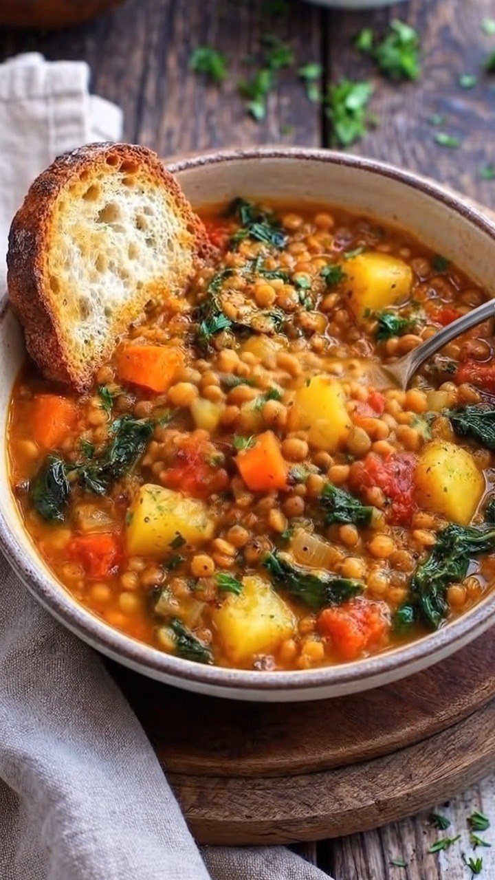 Lentil soup with vegetables and a slice of toasted bread in a bowl.
