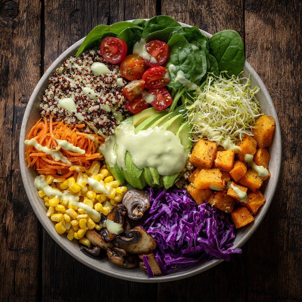 Nutritious Buddha bowl with quinoa, avocado, and colorful vegetables on a wooden surface.