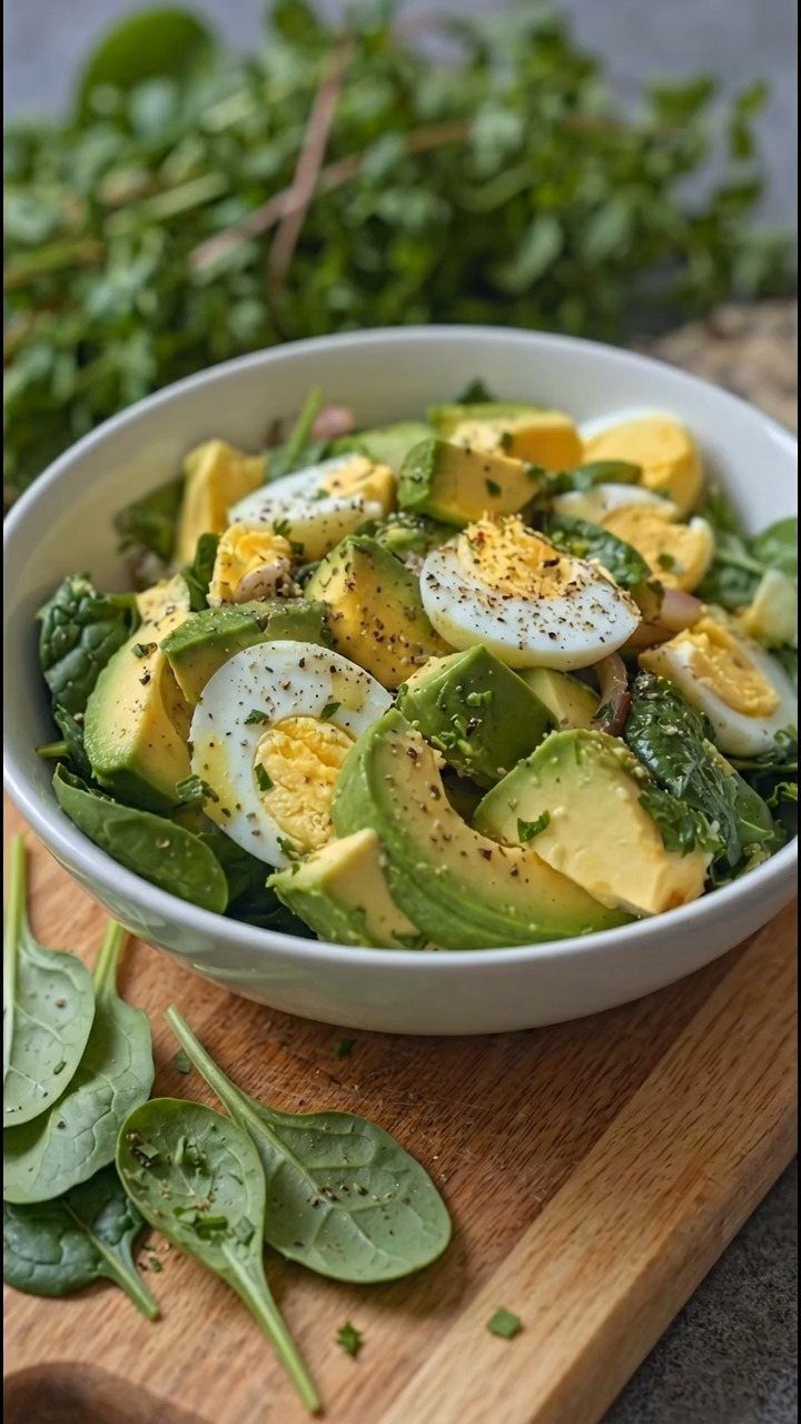 Bowl of salad with sliced eggs, avocado, and spinach on a wooden board.