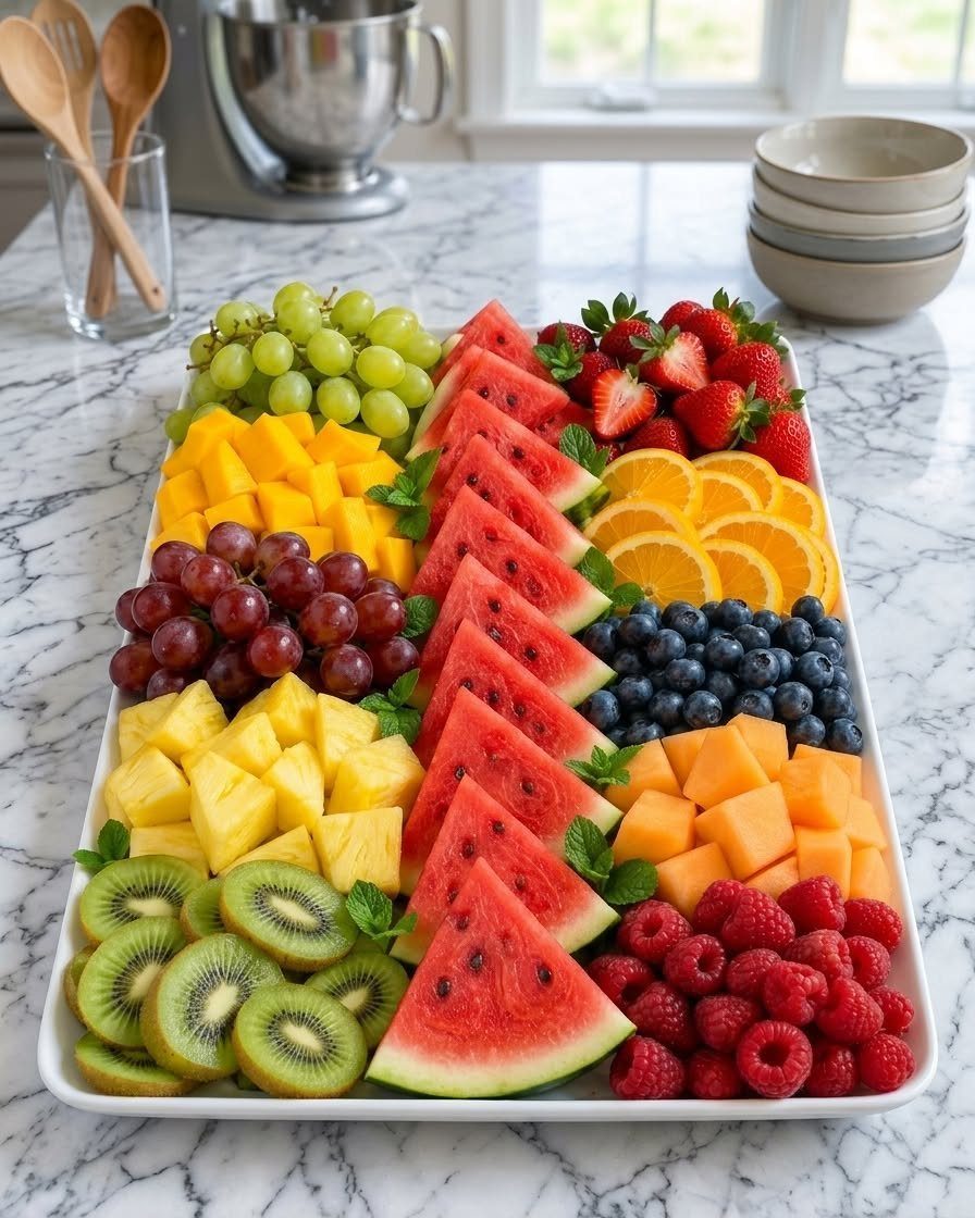 Fruit platter with watermelon, orange slices, berries, grapes, and kiwi on marble countertop.