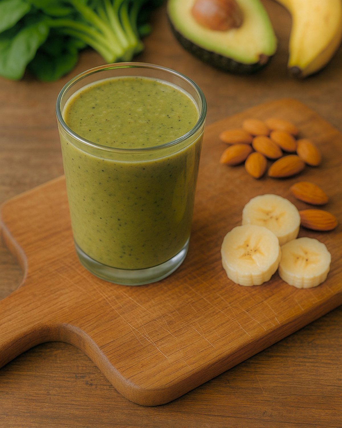 Green smoothie in a glass with bananas, almonds, and avocado on a wooden board.