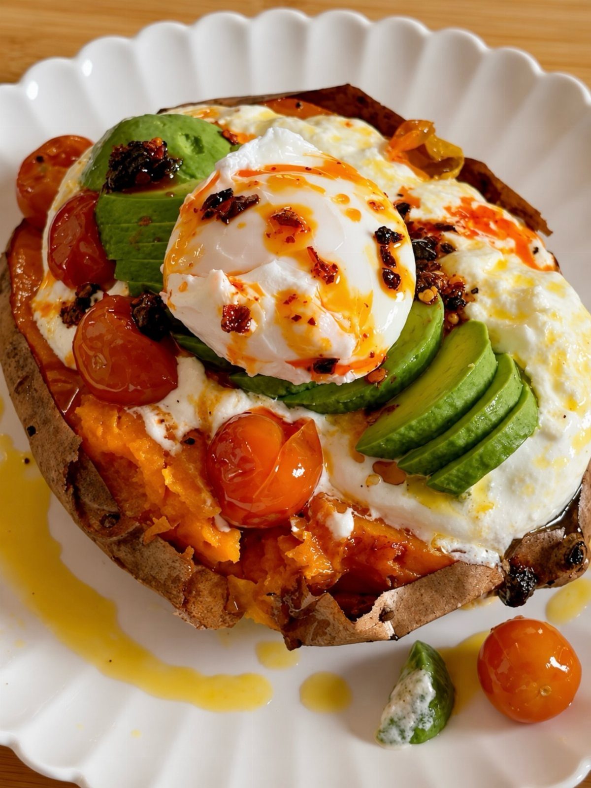 Baked sweet potato topped with poached egg, avocado slices, and cherry tomatoes on a plate.