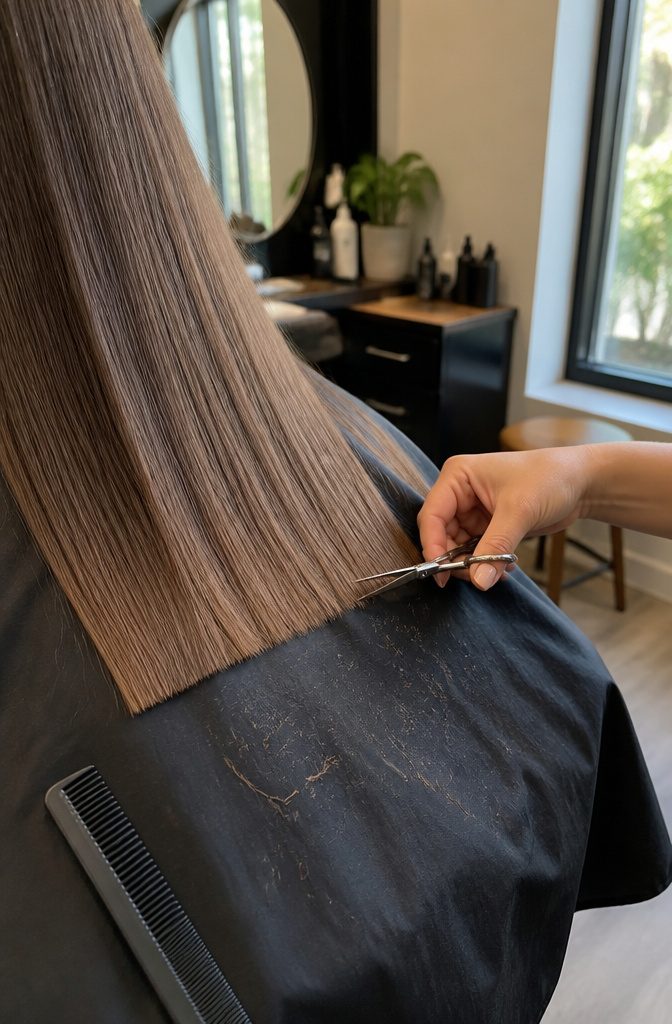 Blunt hair ends beside small scissors over a dark salon cape