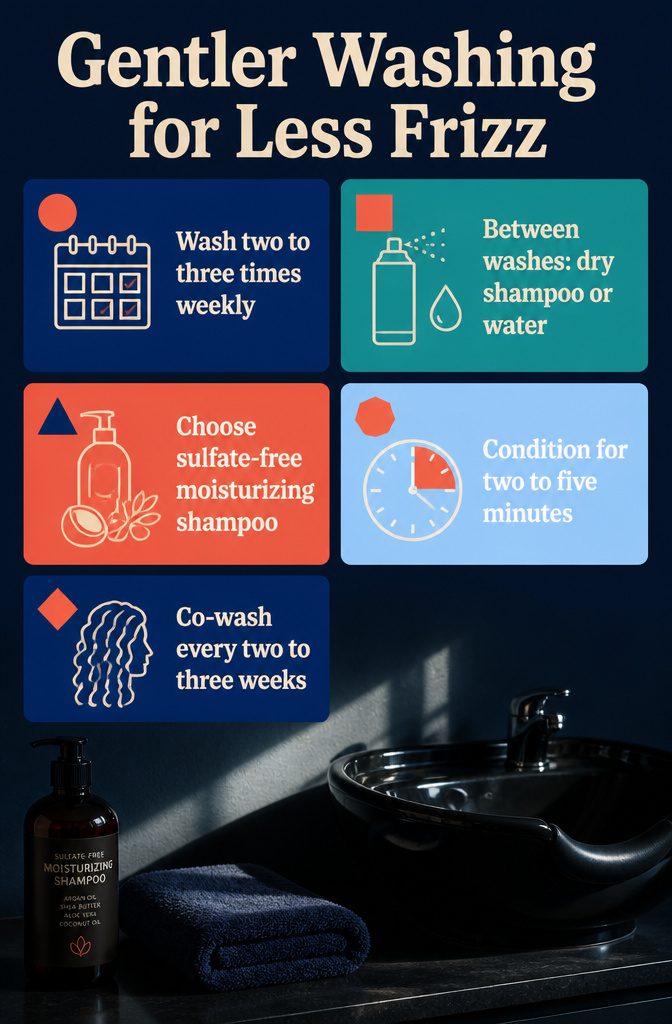 Beauty graphic titled Gentler Washing for Less Frizz