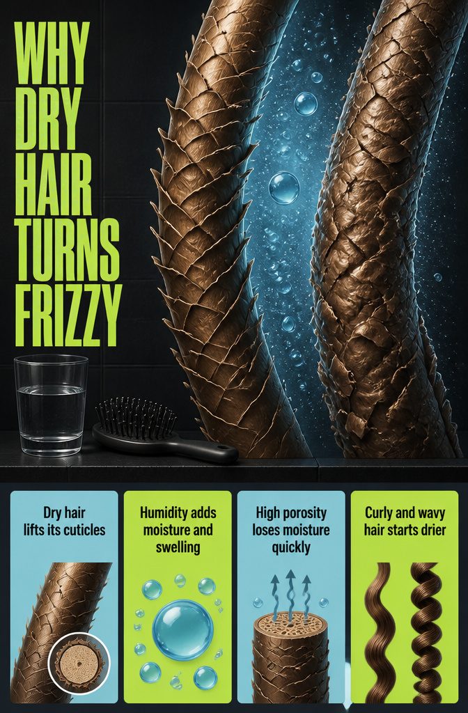 Beauty graphic titled Why Dry Hair Turns Frizzy