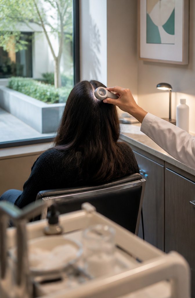 Clinician's hand holding a magnifier over a parted scalp