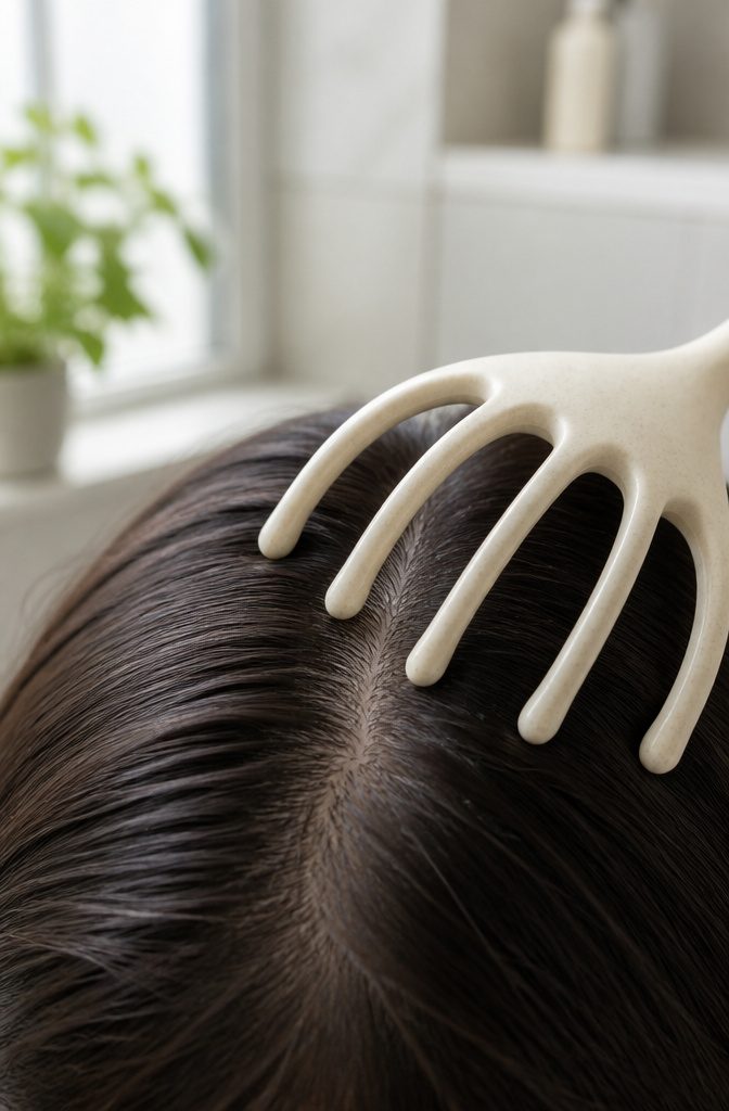Rounded scalp massage tool against a neatly parted crown