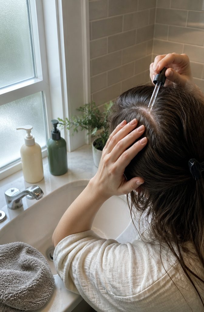 Parted scalp with clear serum and hair-care bottles nearby