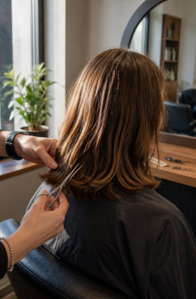Stylist trimming a client's hair while preserving its growing length