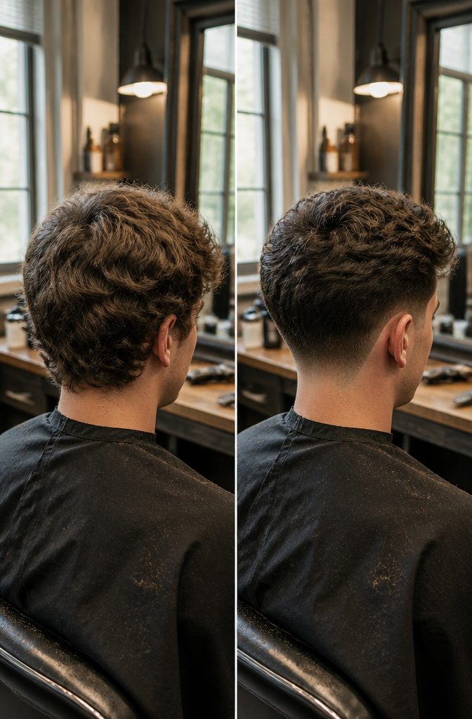 Barber trimming the sides and neckline of a growing haircut