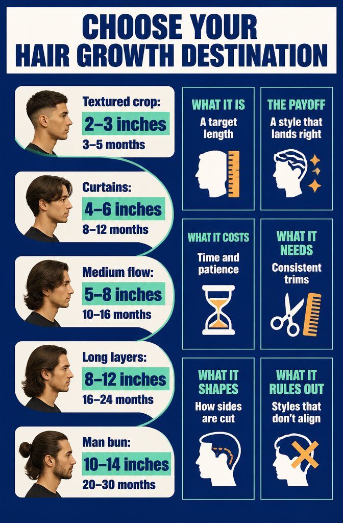 Hair growth destination graphic listing five styles with lengths and timelines