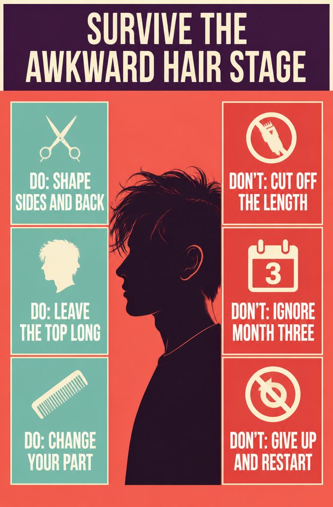 Awkward hair stage graphic showing uneven shapes during a grow-out