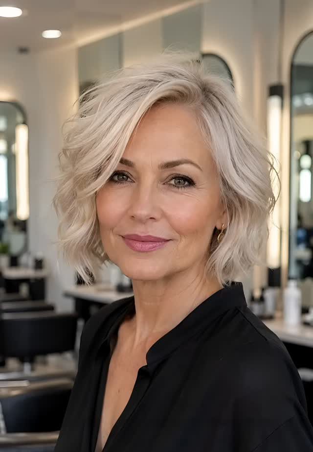 Woman with a side-parted wavy blonde bob hairstyle in a bright hair salon.