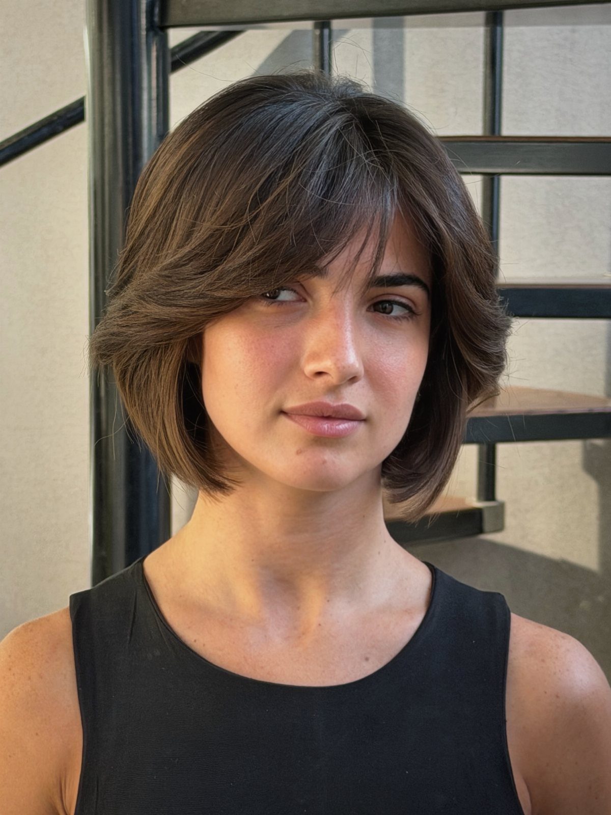 Woman with a textured brown pixie bob and side-swept bangs posing by stairs.
