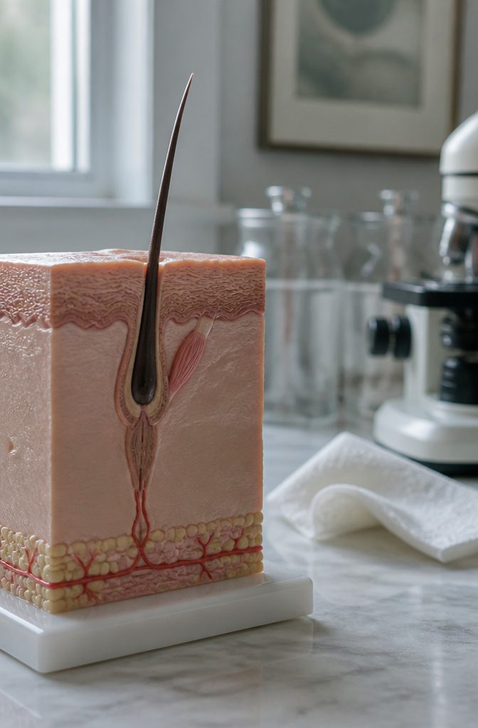 Hair follicle shrinking around a shaft detached from its blood supply