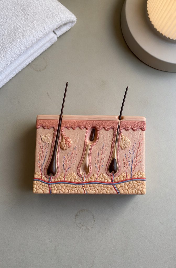 Adjacent scalp follicles showing hairs in growth rest and shedding stages