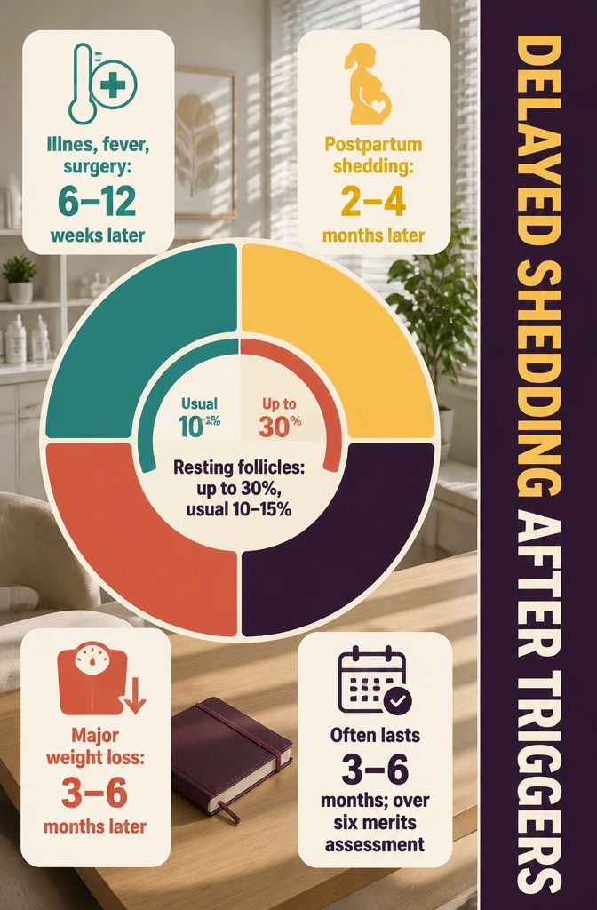 Beauty infographic showing delayed shedding after common triggers