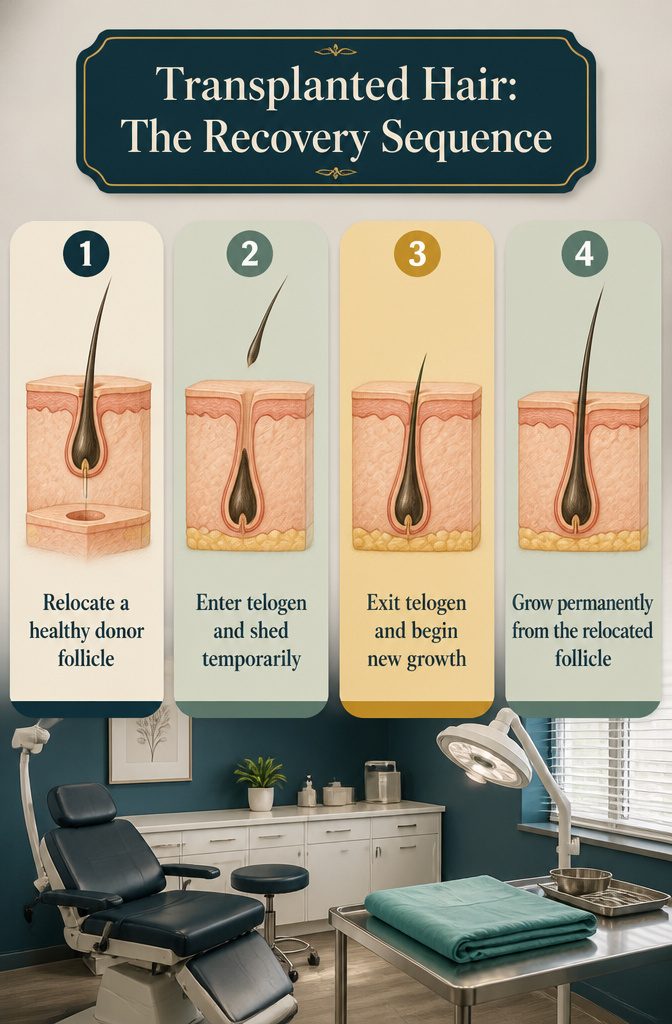 Beauty infographic showing stages of transplanted hair recovery