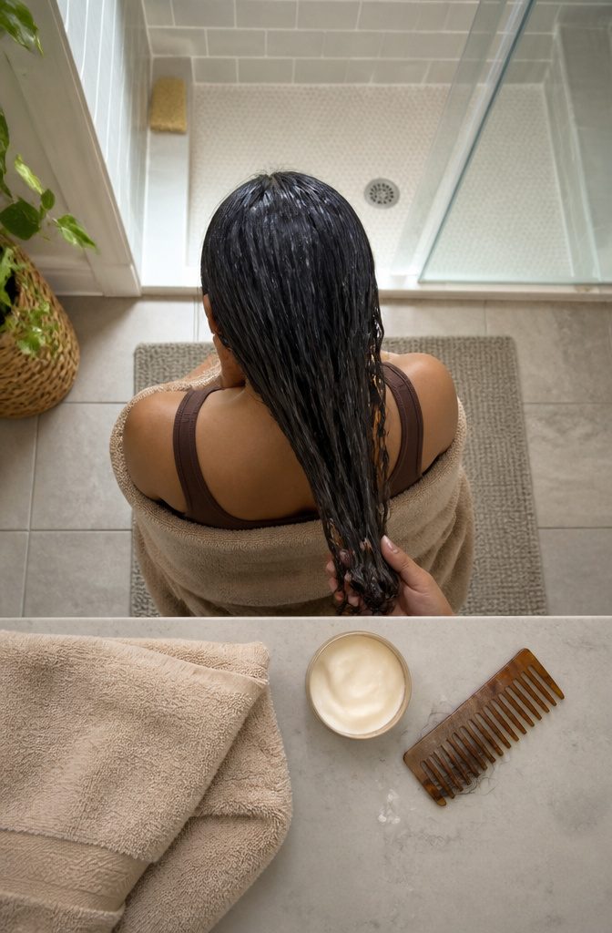 Hair mask and conditioner beside damp strands and a towel