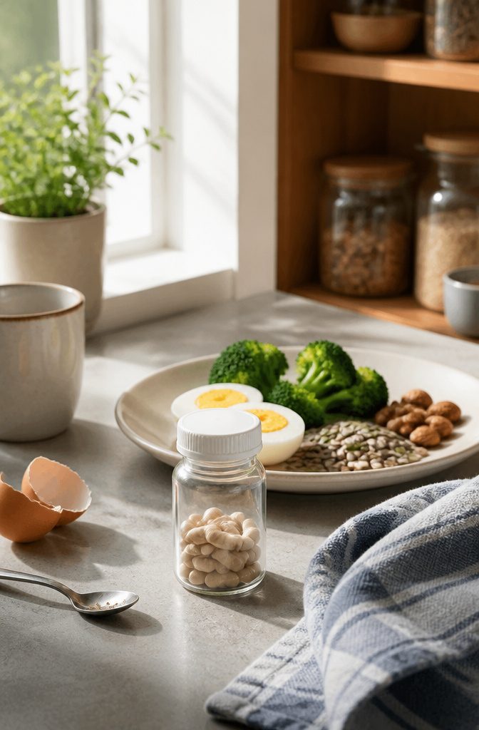 Biotin supplement bottle beside eggs nuts and sweet potatoes