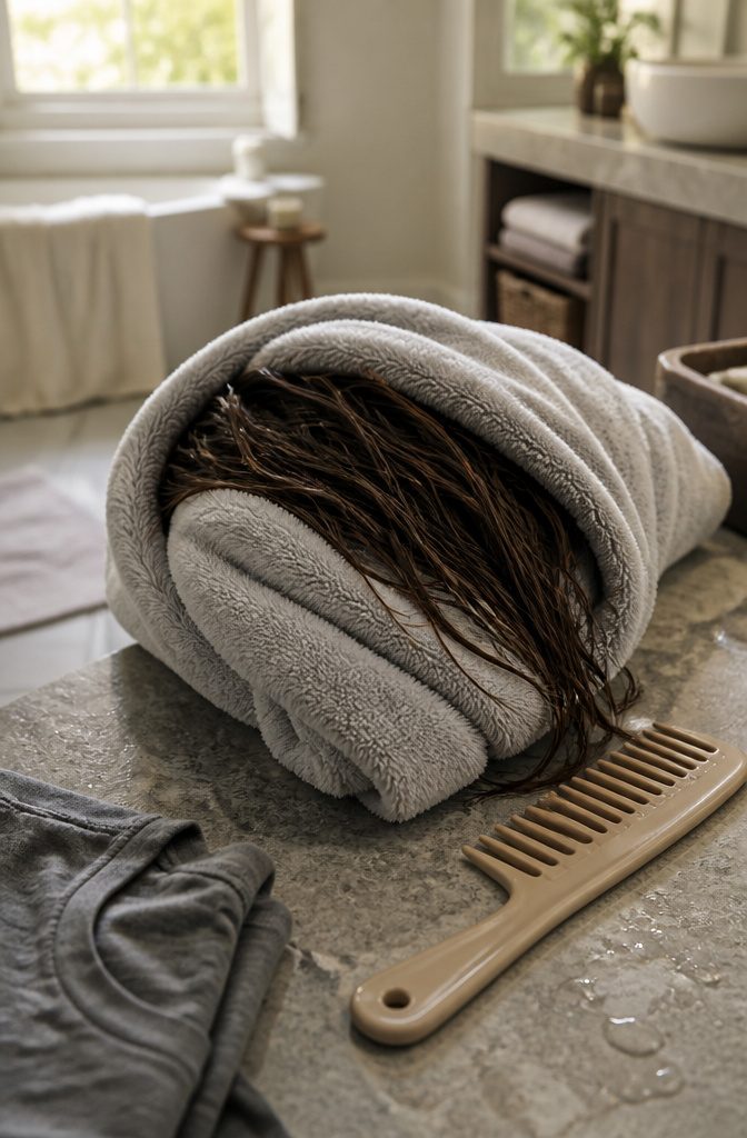 Wide-tooth comb beside damp hair wrapped in a soft towel