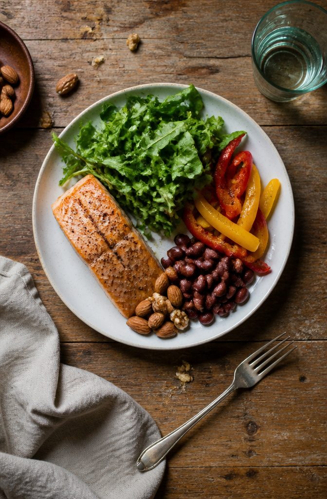 Eggs salmon leafy greens and nuts arranged as hair-friendly foods