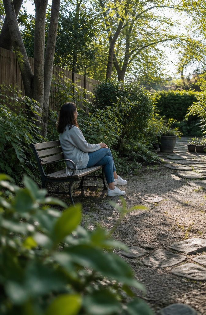 Woman walking outdoors among trees in soft daylight