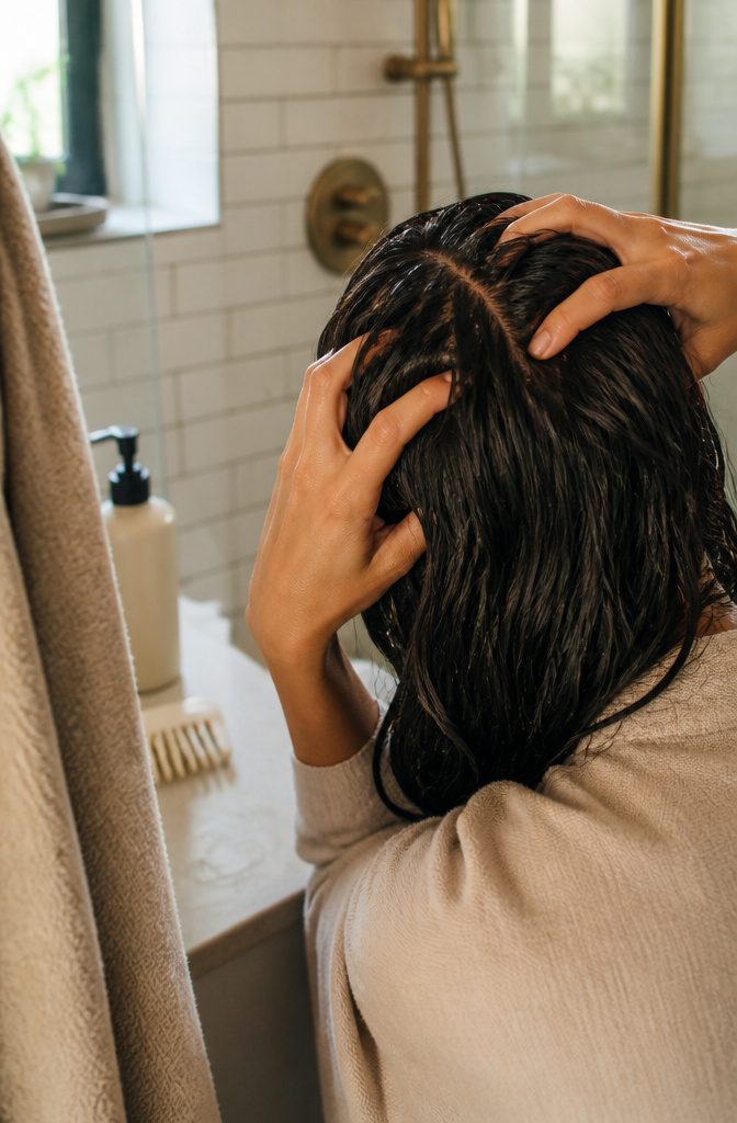 Fingertips massaging damp hair beside shampoo and a wide-tooth comb