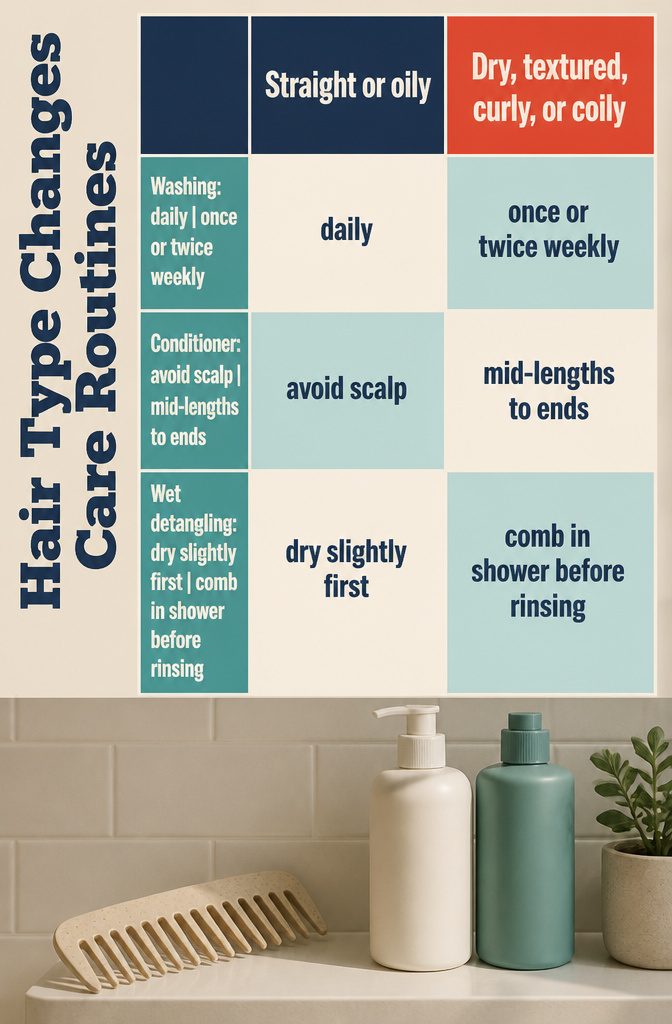 Hair type care diagram comparing straight curly coily and textured hair