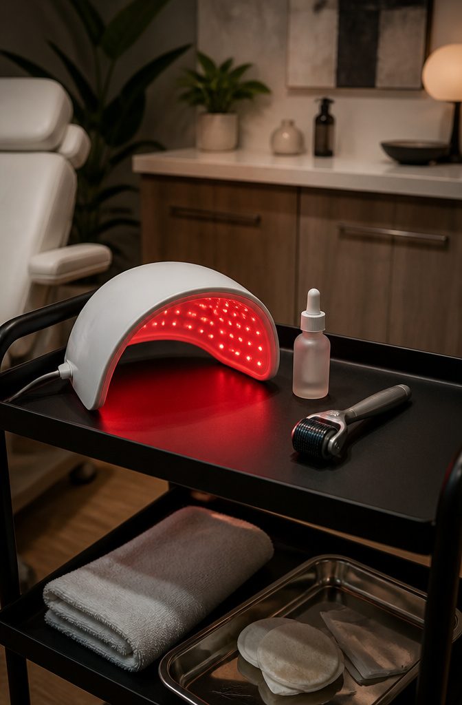 Red-light therapy cap microneedling roller and treatment serum on a work surface
