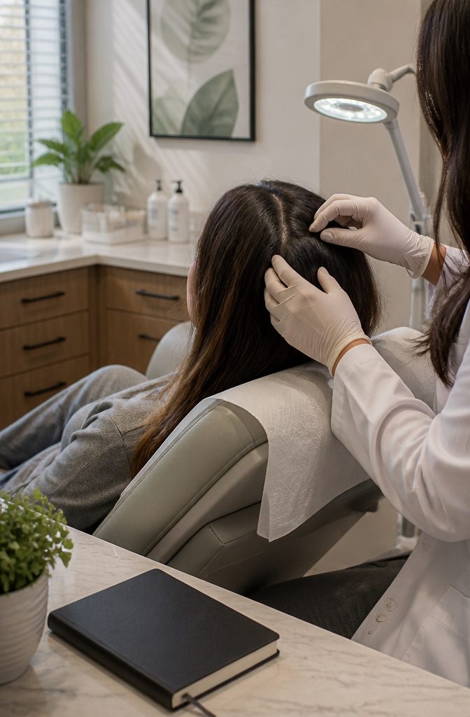 Gloved dermatologist parting a patient’s hair to examine the scalp