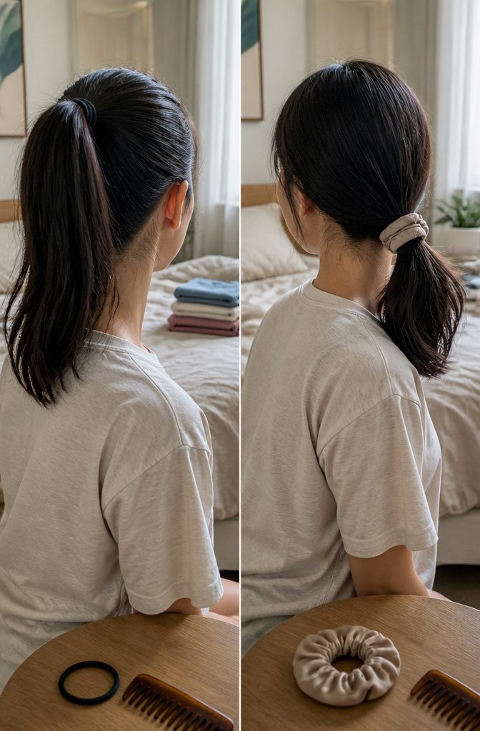 Loose braid over a shoulder with hair ties nearby