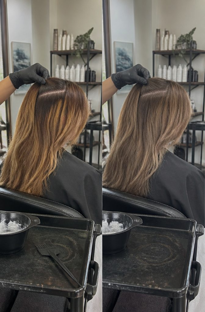 Hair parted to show new roots and previously treated lengths