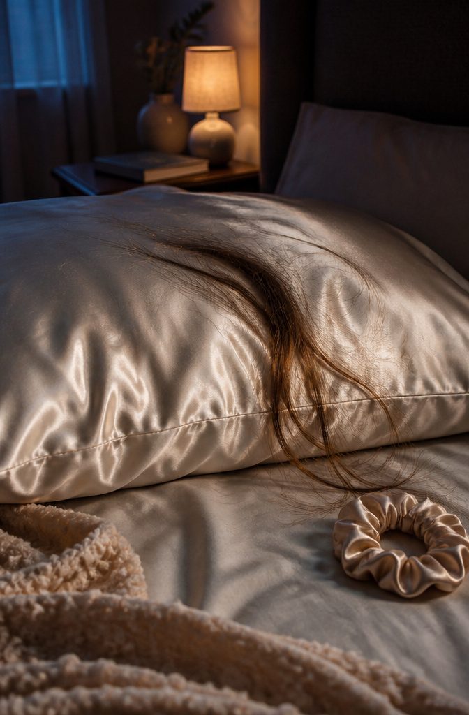 Silk pillowcase and hair scarf arranged on a bed