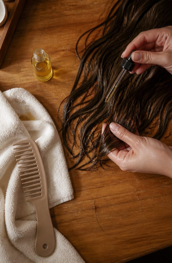Hair oil bottle beside hands applying oil to damp hair ends