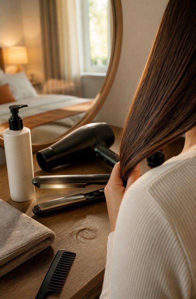 Heat protectant bottle beside a curling wand and flat iron