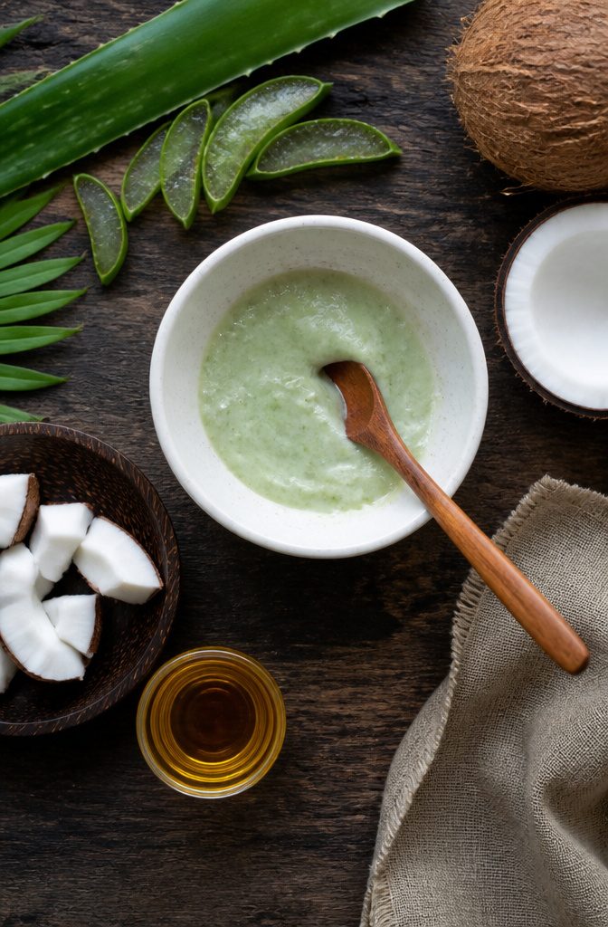 Aloe leaf with gel beside coconut oil and a small mixing bowl