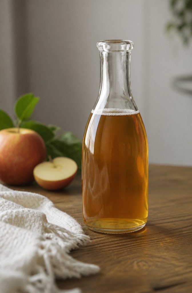 Apple cider vinegar bottle with a bowl of water and mixing spoon